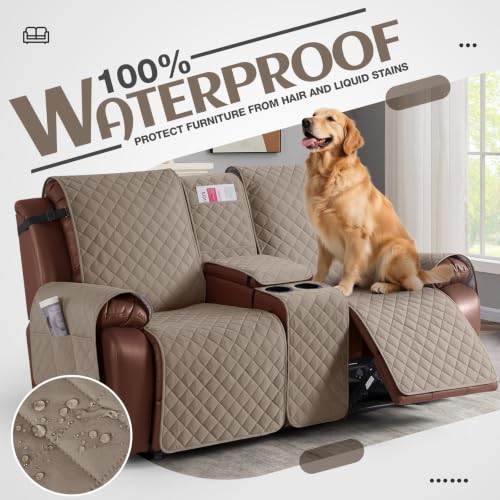 Image of KinCam 100% Waterproof Loveseat Recliner Cover with Console, Taupe