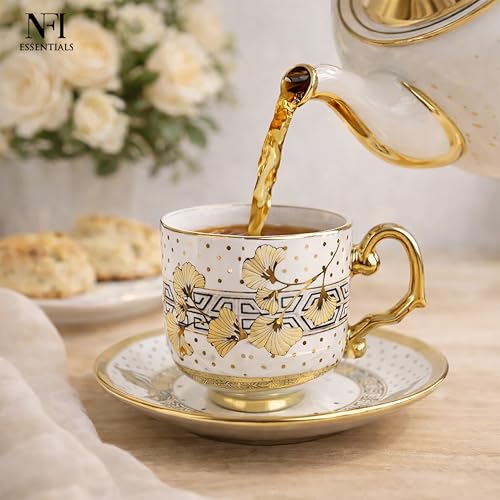 Image of NFI essentials Ceramic Cup & Saucer Set of 6 Pcs, Tea /Coffee Cup, Microwave & Dishwasher Safe, Premium Mug Perfect for Daily Use, Office, Gifting Elegant Golden Color Design 200ML