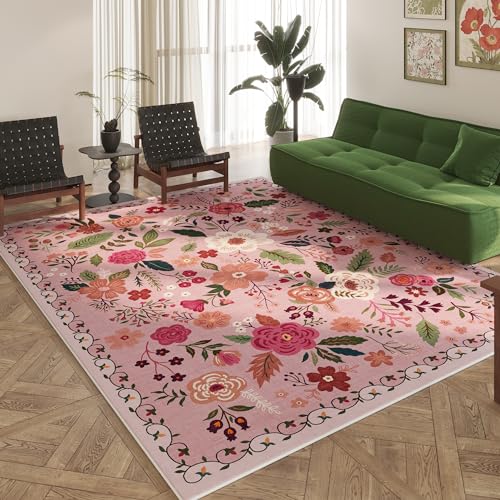 Area Rugs 8x10 Rug for Living Room Clearance Washable Boho Area Rug Non Slip Floral Vintage Low Pile Large Rug for Living Room, Bedroom, Farmhouse, Dining Room, Kids Playroom(Pink)