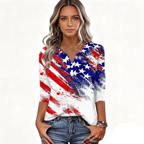 Image of 4th of July Shirts Women 3 /4 Length Sleeve Womens Tops Henley Neck Casual Patriotic T Shirts