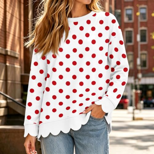 Crew Neck Sweatshirts Women Polka Dot Cotton Scalloped Hem Comfy Pullover - image 2