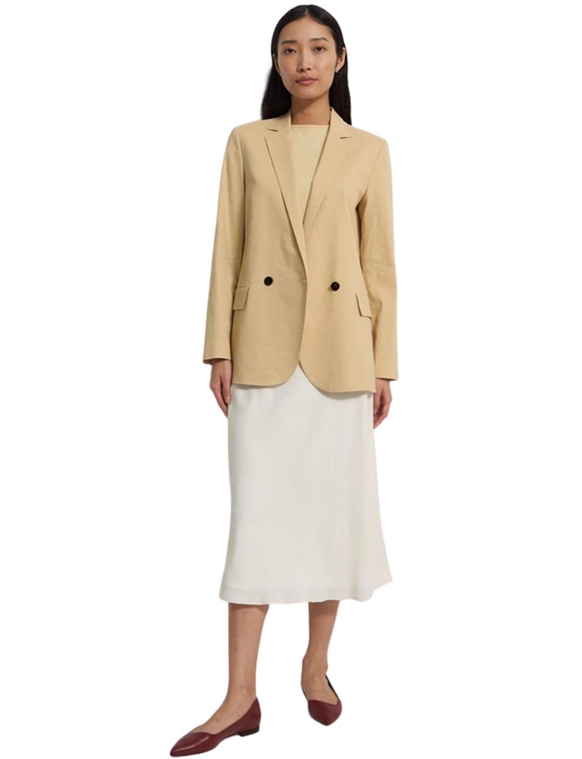 Mujeres Lino Chaqueta Doble Botones Traje Blazer Trabajo Oficina Señora Abrigo
