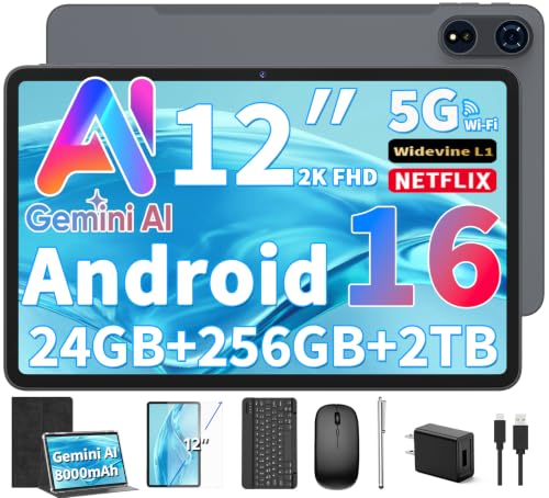 Image of 12 inch Tablet with Keyboard - 2026 Gemini AI Android 16 Tablet, Black Case | 24GB+256GB+2TB Expand, 2K Tablets PC with 8-Core, 8000mAh, 120Hz 2000x1200, GMS, 2 in 1 Large Tablets with Case,Mouse,Stylus