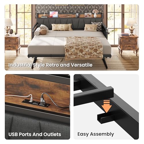Image of LIKIMIO Twin Daybed, Day Bed with Trundle, Storage Upholstered Headboard and Charging Station, Trundle Bed with Strong Supports for Living Room, Bedroom, and Guest Room, Grey