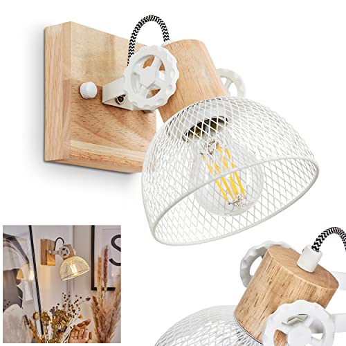 Image of Wall Light Orny, Wall lamp in Vintage Design Made of Wood/Metal in Natural/White w. Light Effect, Shade in Lattice Optic, Light with Wooden Beams, Textile Cables, Adjustable spot, E27, Without Bulbs