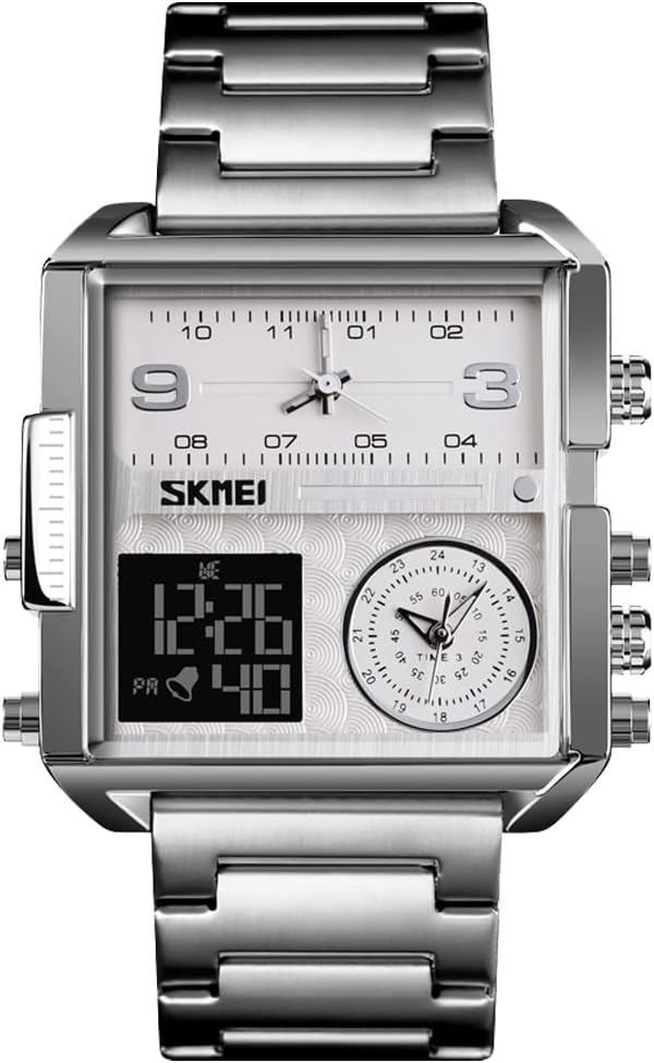 Men's Digital Sports Watch, LED Square Large Face Analog Quartz Watch with Multi-Time Zone Waterproof Stopwatch