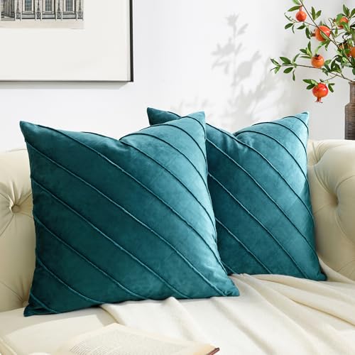 Image of GIGIZAZA Decorative Velvet Pillow Covers 16x16, Set of 2 Teal Green Sofa Couch Throw Pillows Covers Cases, Living Room Square Cushion Accent Stripe Covers
