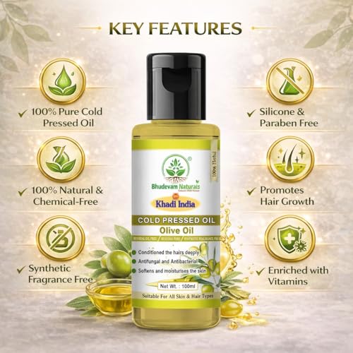 Image of Khadi 100% Pure Cold Pressed Olive Oil for Hair, Skin & Body Massage | Natural Moisturizing Oil for Dry Skin & Hair Care | Multipurpose Oil for Body Massage, Hair Nourishment & Moisturizing- 100GM