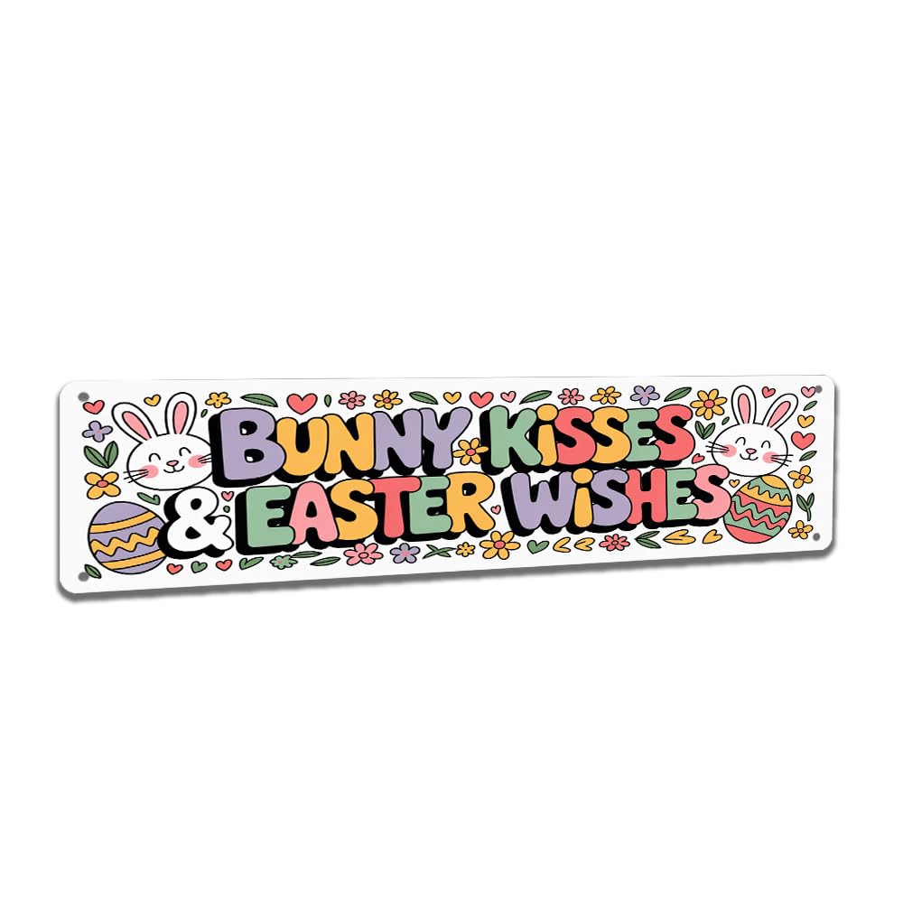 Peiyeety A010 Bunny Kisses & Easter Wishes Vintage Metal Tin Sign, 4X16 Inch Rustic Easter Themed Wall Decor, Retro Sign For Home, Porch, Waterproof Tin Sign, Durable Wall Art