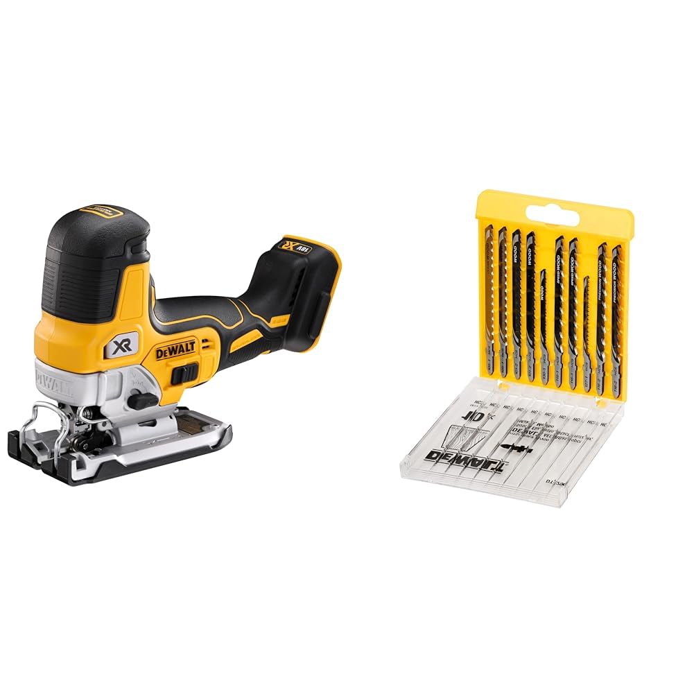 DEWALT Scie Sauteuse Sans Fil 18V - Sans Batterie ni Chargeur DCS335N-XJ & Coffret de 10 Lames en Acier de Scie Sauteuse - Spécial Découpe du Bois - Attache en T - Raccord à Baïonnette