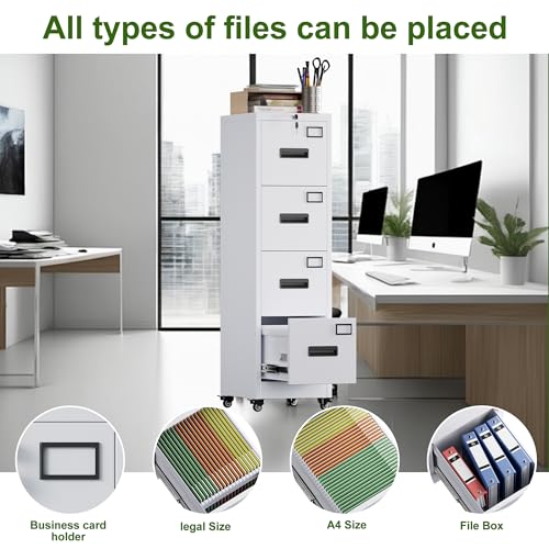Image of Aobabo Metal 4 Drawer File Cabinet with Lock and Wheels,White | metal filing cabinet for letter /legal files and small office storage.
