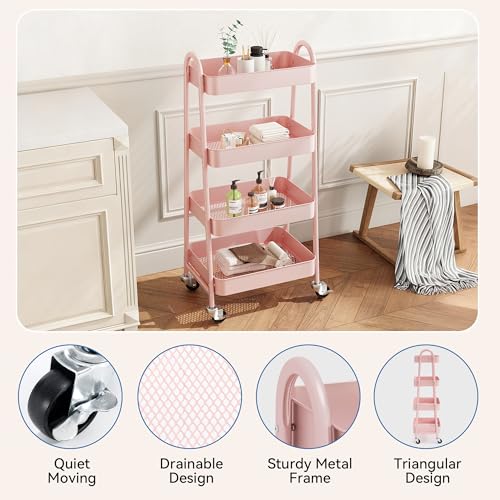 Image of OLIXIS Metal 4 Tiers Utility Rolling Cart, Mobile Storage Shelf with Lockable Caster Wheels, Organization for Livingroom, Bathroom & Narrow Places, 4-Tier Pink