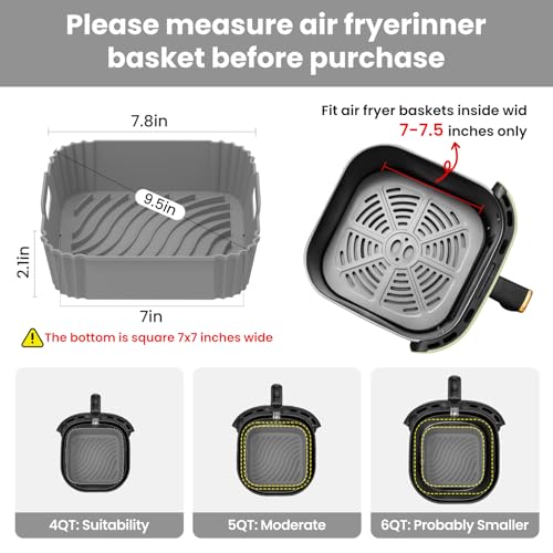 Redfly 2 Pack Silicone Air Fryer Liners, Square Reusable Non-Stick Basket Inserts for 4-5 QT Air Fryers, Dishwasher Safe Parchment Paper Replacement Accessories Gray & Black
