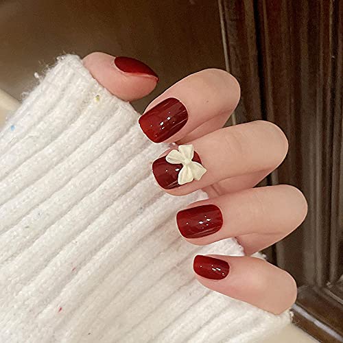 Falsche Nägel Nagelflecken Runde Volle Nägel Tipps Nagelkunst- Dekorationen 24 Stück Tragen Sie kurze quadratische Köpfe Falsche Nägel Rote Farbe mit Schleife Dekor Maniküre Falsche Nägel Tragbarer – Bild 4