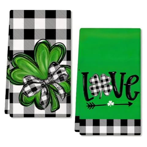 ARKENY St Patricks Day Kitchen Towels Set of 2,Black Buffalo Plaid Shamrock Bowknot St. Patrick's Day Dish Towels 18x26 Inch Drying Dishcloth,Farmhouse Home Holiday Decorations AD200 Cover
