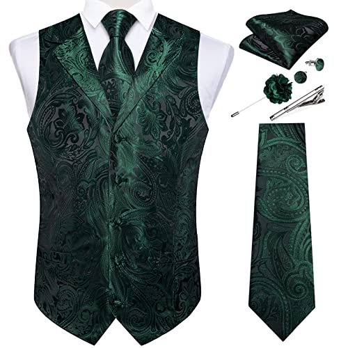 DiBanGu Men's Emerald Green Paisley Suit Waistcoat – Notch Lapel Vest, 3XL