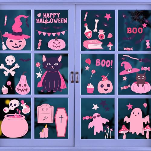 Hianjoo Adhesivos para Ventanas de Halloween, Pegatinas para Ventana 9 Hojas 72 Piezas PVC de Doble Cara con Lindos Gatos Rosas y Fantasmas Calcomanías de Doble Cara para Decoración de Halloween