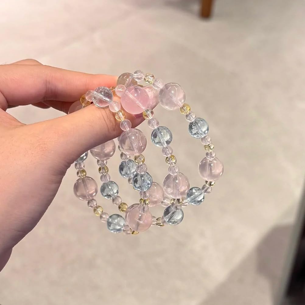 Bracciale elastico cristalli naturali donna,gioiello perline e pietre | Bracciale acquamarina al quarzo rosa, braccialetto spirituale Reiki con pietre preziose fatto a mano