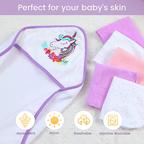 Image of Viviland Baby Towels and Washcloths, Soft Absorbent Purple Baby Bath Towel Set, Unicorn Hooded Towels with 5 Infant Face Washcloths (6 Pieces)