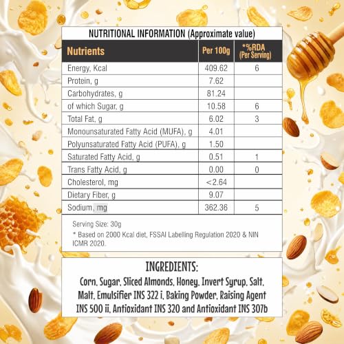 Image of 8:00 AM Corn Flakes Honey & Almond 300 Gram (Pack Of 3), No Cholesterol, Trans Fat, Artificial Additives, Source Of Fiber, Iron & Calcium, Crunchy & Nutritious Whole Grain Breakfast Cereal