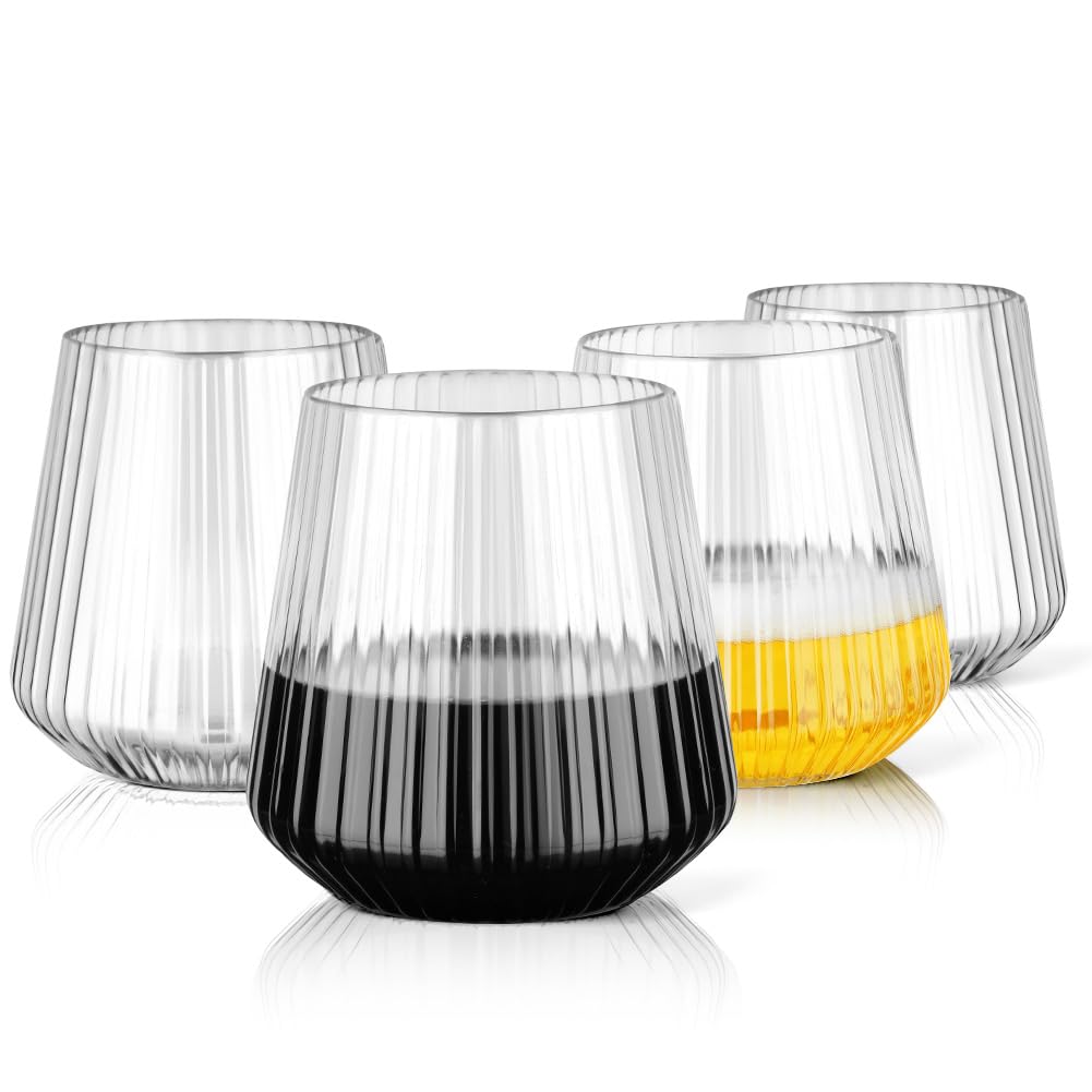 AOOTE Plastic Wine Glasses, 4 Pcs Plastic Ribbed Wine Glasses, 380ML Reusable Vintage Stemless Cups, BPA-Free, Clear Shatterproof Wines Glass for Wines, Champagne, Whiskey, Wedding, Party, Camping