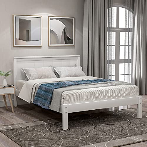 Merax Solid Wood Twin Bed Frame with Headboard, Twin Platform Bed Frame with Under Bed Storage, Wood Slat Support, No Box Spring Needed, White