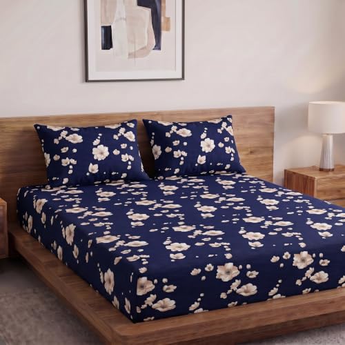 Image of Home Sizzler Microfibre 210TC Navy Blue Blossoms Elastic Fitted Double (72 X 78) Bedsheet with 2 Pillow Covers