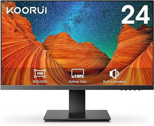 KOORUI 24 Inch Monitor, Build-in Speakers, IPS PC Monitor FHD 1080p, HDMI 1.4 (100Hz) & VGA(60Hz), FreeSync & G-Sync, VESA 75 x 75 mm, Eye Care, Tilt Adjustment