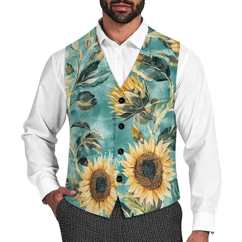 Vintage Sunflowers Floral Men's Formal Suit Vest for Business Formal Or Casual Dress Waistcoat Wedding