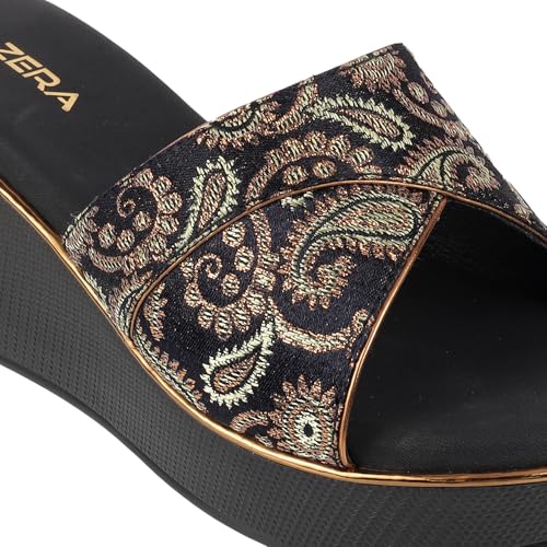 Image of Lazera Platform Wedge Sandals|Sandals for Women|Platform Heels|Floral Brocade Synthetic|Slip On|Regular Fit|2.5 Inch Heel