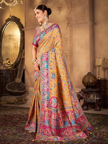 Image of Glory Sarees Women's Luxurious Dola Pure Silk Original Saree Position Print Work Madhubani Inspired Motifs Banarasi Kanjivaram Style Saree With Blouse Piece (Elegant101 Parent)