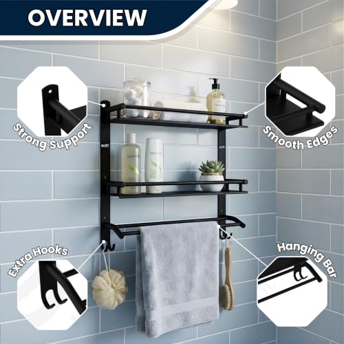 Image of GLOXY Premium Combo Pack of 3 Matte Black Stainless Steel Bathroom Shelves | 2-Layer Storage Rack with Towel Holder Bathroom Organizer for Home, Office & Restaurants