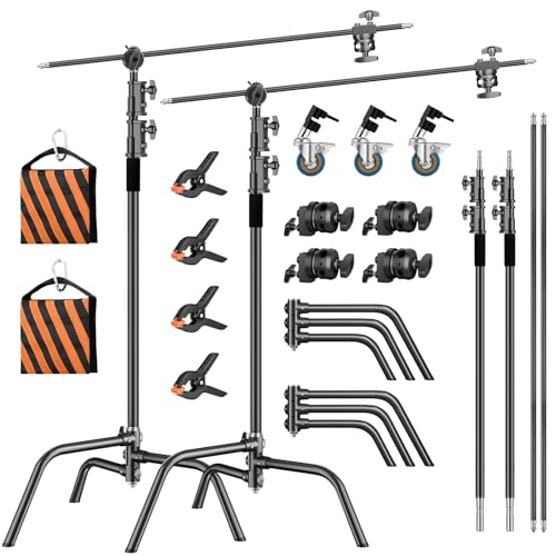 2 Pack Stainless Steel Photography Light Stand 6.9ft/210cm with Holding Arm Sandbag Grip Head Heavy Duty C Stand Sturdy for Photography Studio Video Monolight Softbox Shooting?Black?