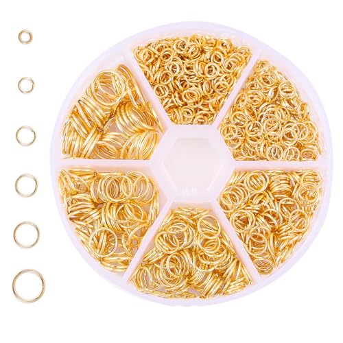 1080 st bindringar för smyckestillverkning metallfynd kit, öppna stängningsringar för halsband armband reparation gör-det-själv hantverkstillbehör guld silver vit K färg 4 till 10 mm (guld)