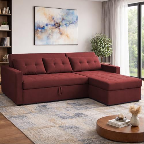 Image of Emilio 4 Seater RHS L - Shape Pull-Out Sofa Cum Bed Sofa for Living Room (Maroon Fabric Color) Premium Fabric Sofa Set for Living Room Sofa Cum Bed