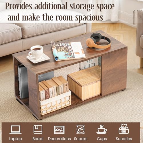 Image of ABOUT SPACE Coffee Table - Portable Wooden Centre Table with Open Storage- Furniture - Sofa /Tea /Teapoy for Living Room, Home, Office (Walnut - L 80 x B 40 x H 42 cm)
