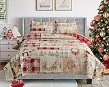Picture of Jarson Christmas Quilt Set King Size 3-Piece Xmas Bedspread Reversible Coverlet Snowman Deer Pattern for New Year Bed Decor, Lightweight Bed Cover(1 Quilt + 2 Pillow Shams, Beige Green)