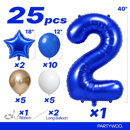Image of PartyWoo Royal Blue Number 2 Balloon 40 Inch 25pcs Blue Star White Gold