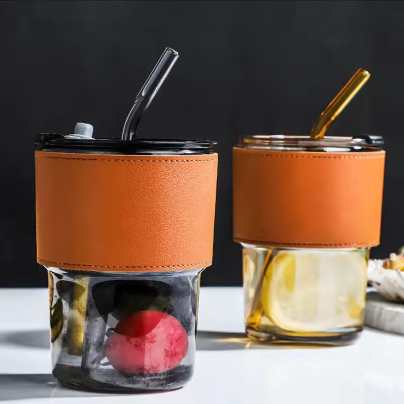 Image of ANKUL Beer Can Glass Tumbler with Straw and Lid Leather Band- 400ml- Pack of 2 - Mojito Sipper Mug with Lid for Kids Milk Cup with Straw (Lather Grey Tumbler, 2)