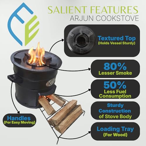Image of Earthfit Arjun plus Cookstove no LPG or gas cylinder required | Lakdi ka chulha works on Dry wood | Low smoke | Home & Outdoor use | Clean Cooking Desi iron chulha for cooking using wood and twigs