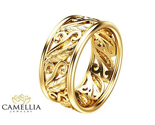 Unique Leaf Design Ring 14K Yellow Gold Wedding Band Art Deco Anniversary Ring Filigree Promise Ring