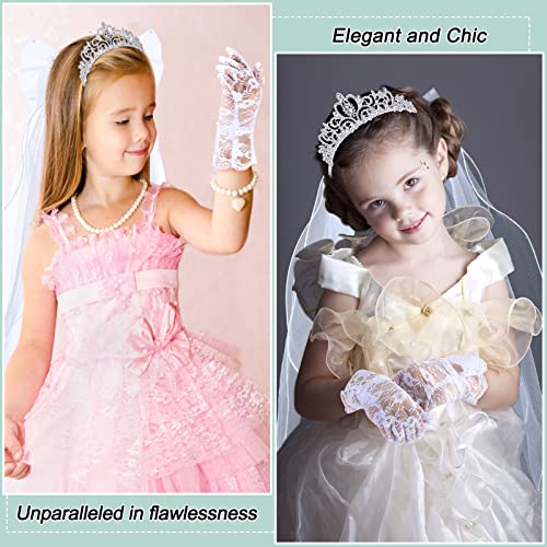 Foaincore 3 Pieces Girls First Communion Veils Bowknot Rhinestone Flower Headband Rhinestone Crown White Satin Gloves For Wedding First Communion #TOP6