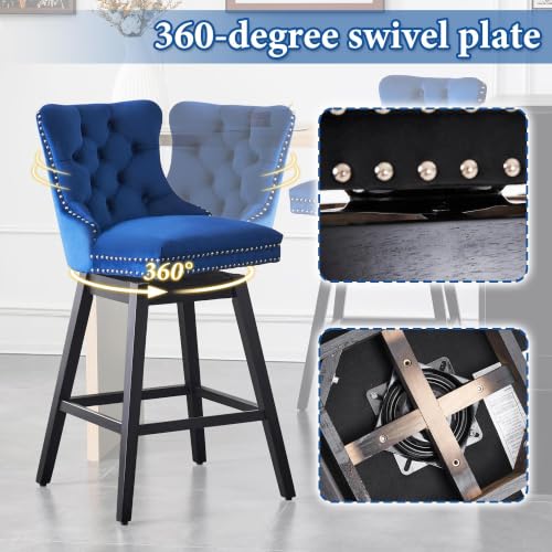 Image of Blue Swivel Bar Stools, Velvet Counter Height Bar Stools Set of 5 | 360 Swivel Bar Chairs, Solid Wood Legs, Upholstered Kitchen Island Stools, Modern Extra Wide Seat (Blue, 30 inch H, 5 Pack)