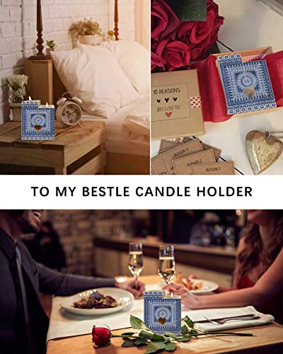 Mandala Floral Wooden Candle Holder- Candlestick Holders With 2 Tealights, Double-Sided Print, Unique Friend Gifts Mom Gifts Sister Gift Friend Gifts For Women, Vintage Blue Geometric Pattern #TOP5