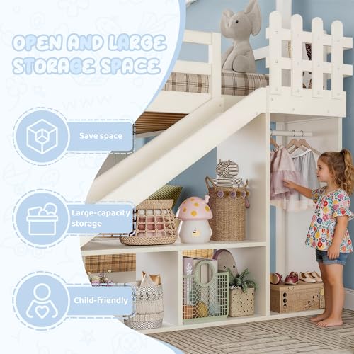 Image of Bellemave Bunk beds Twin Over Full with Slide,Ladders,Bookshelf and Wardrobe House roof Design, Low bunk /loft Bed for Kids,Beige
