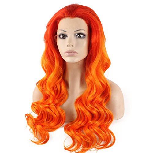Miniatura 2 de Mxangel Peluca larga ondulada de dos tonos rojo naranja ombré tono medio atado a mano resistente al calor fibra Ombre naranja elegante ondulado