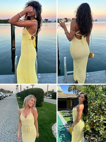 Womens Crochet Maxi Dress Lace Swimsuit Cover up Tie Backless Beachwear Knitted Bodycon Party Vacation Outfits4