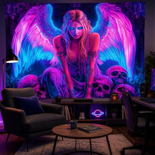 Image of BlissYard Blacklight Gothic Tapestry 78x59 Inch Womens Tapestry | Cool Girl Art Skull Trippy Wall Art, Uv Reactive Glow In the Dark Psychedelic Wall Hanging for Bedroom Dorm Room Decor