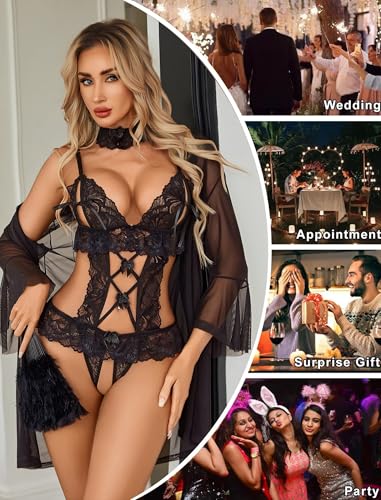 Avidlove Womens Lace Teddy Bodysuit Lingerie Set with Choker V Neck Black S - image 5