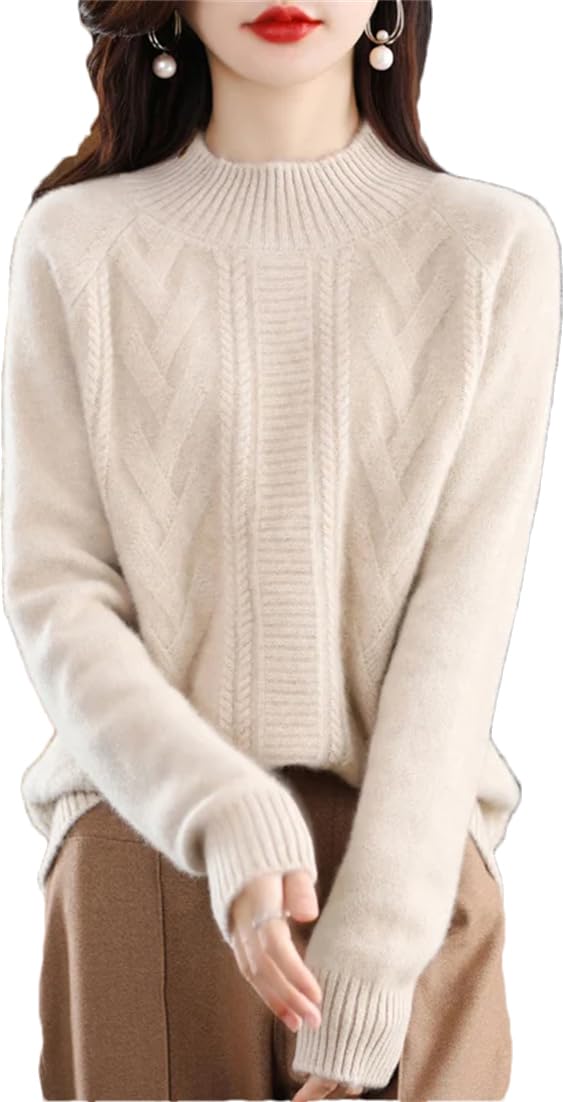 Maglione da Donna in Lana Tinta Unita Mezzo Dolcevita Addensato Pullover con Fondo Lavorato A Maglia Allentato